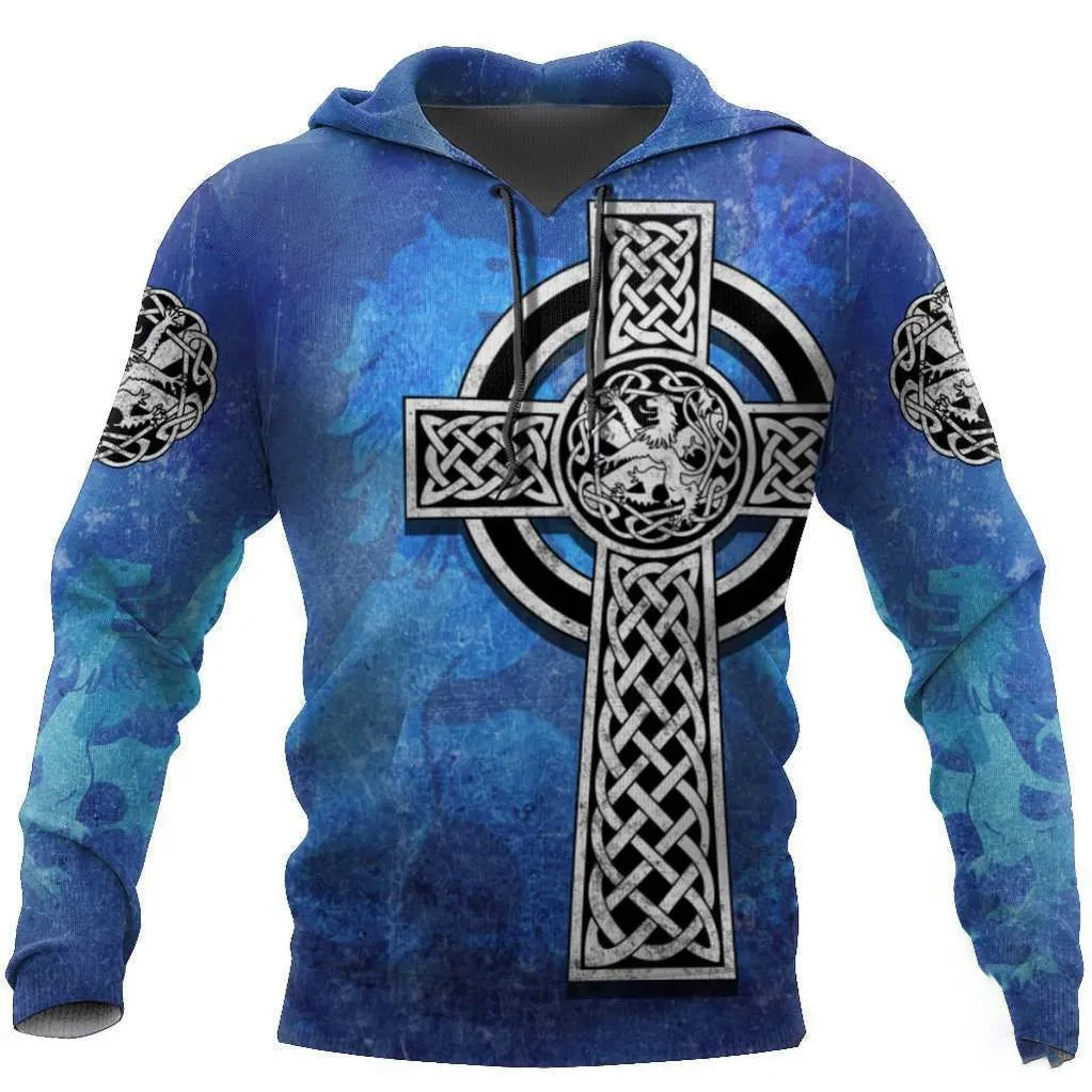 3D All Over Print Hoodie Celtic Cross Lion Shirt, St Patrick's Day Lion Pattern Shirt For Him