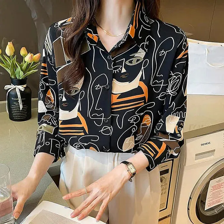 Abstract Graffiti Print Chiffon Button Shirt Workwear