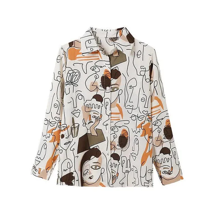 Abstract Graffiti Print Chiffon Button Shirt Workwear