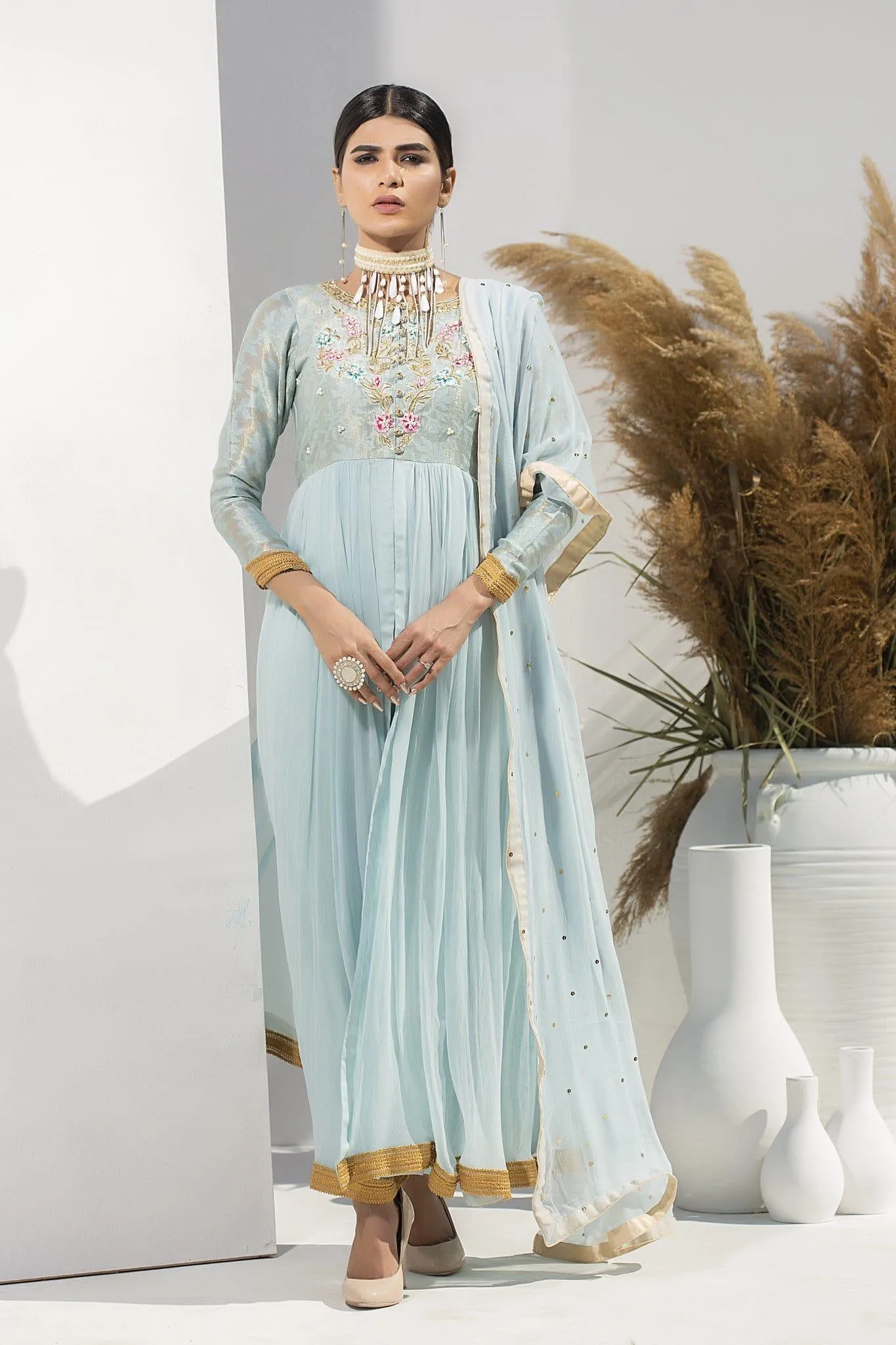 Aisha Fatema - Celestial Blue Luxe - 1011 - Chiffon Frock with Masuri - 3 Piece