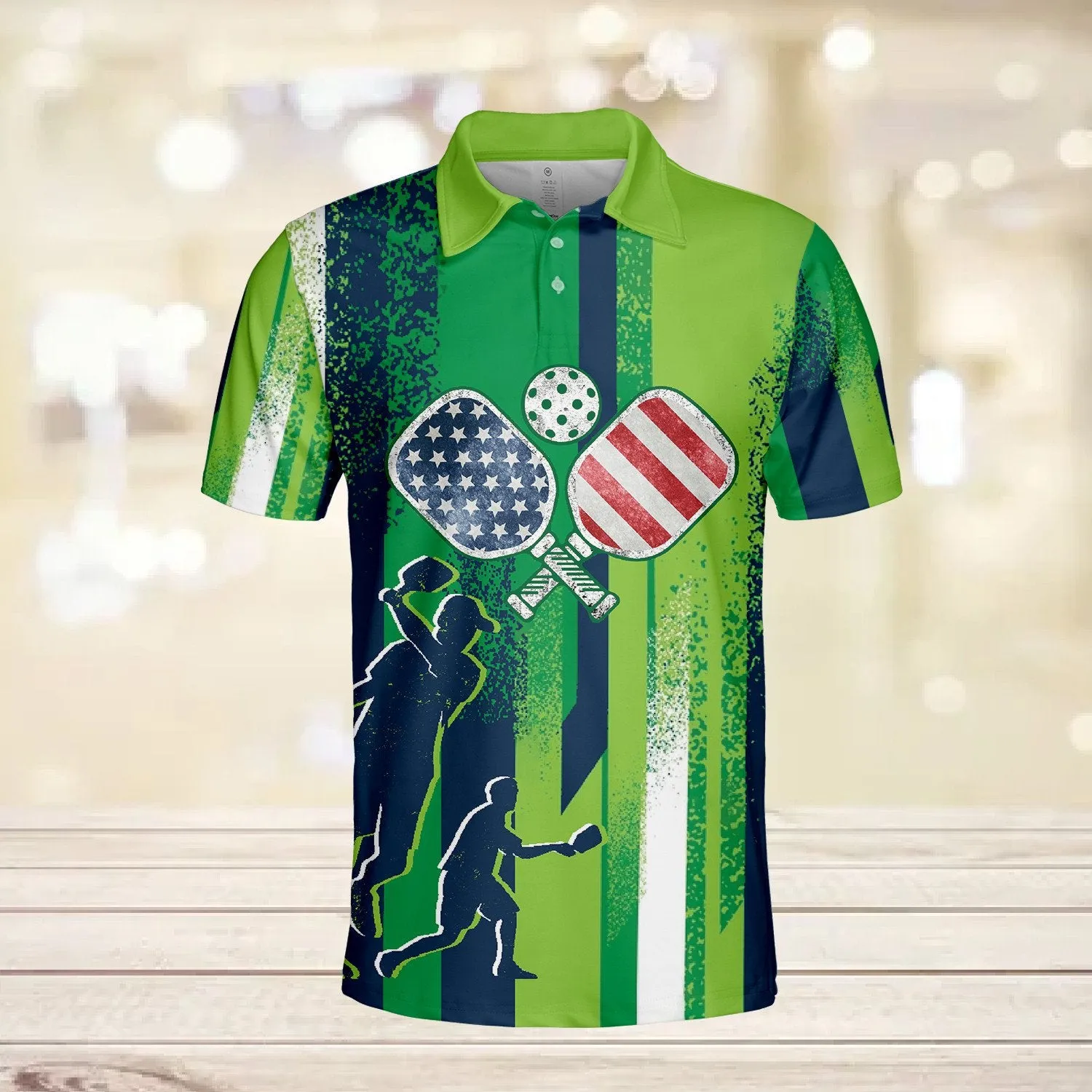 American Pickleball Polo Shirt For Men, Flag Pickleball 3D Polo Shirt