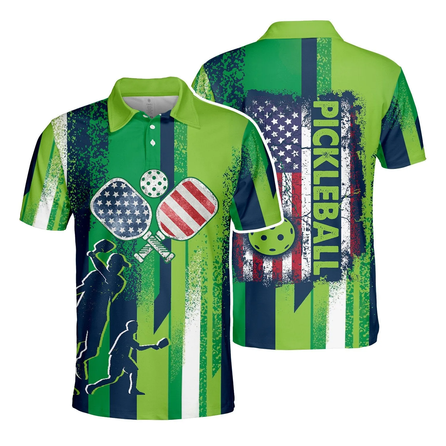 American Pickleball Polo Shirt For Men, Flag Pickleball 3D Polo Shirt