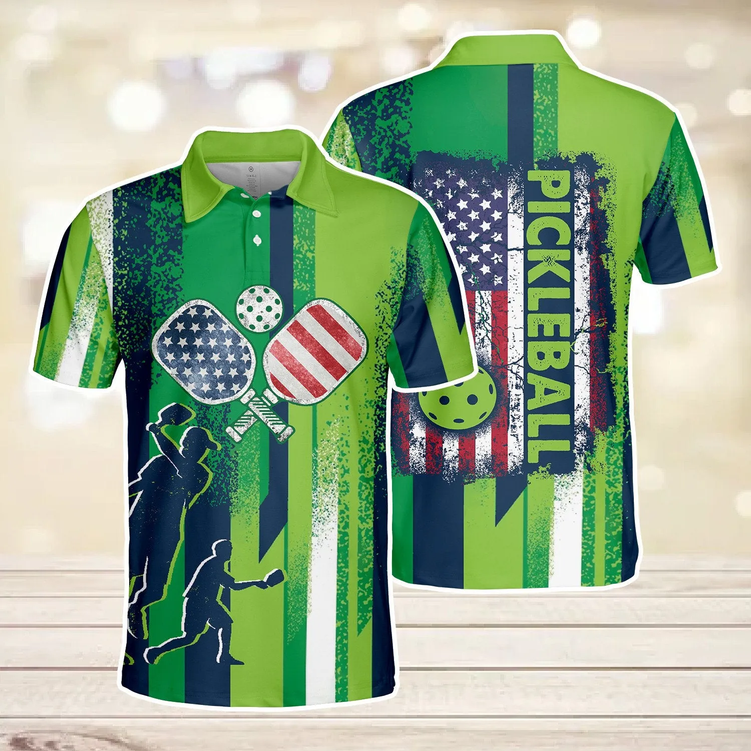 American Pickleball Polo Shirt For Men, Flag Pickleball 3D Polo Shirt