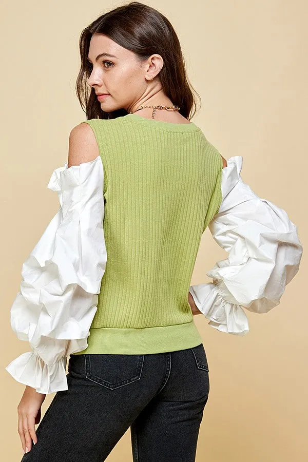 Ariana Green Knit Cold Shoulder Woven Puff Sleeve Top