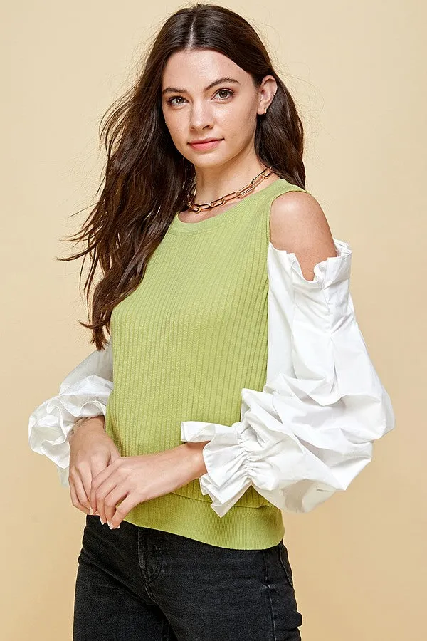 Ariana Green Knit Cold Shoulder Woven Puff Sleeve Top