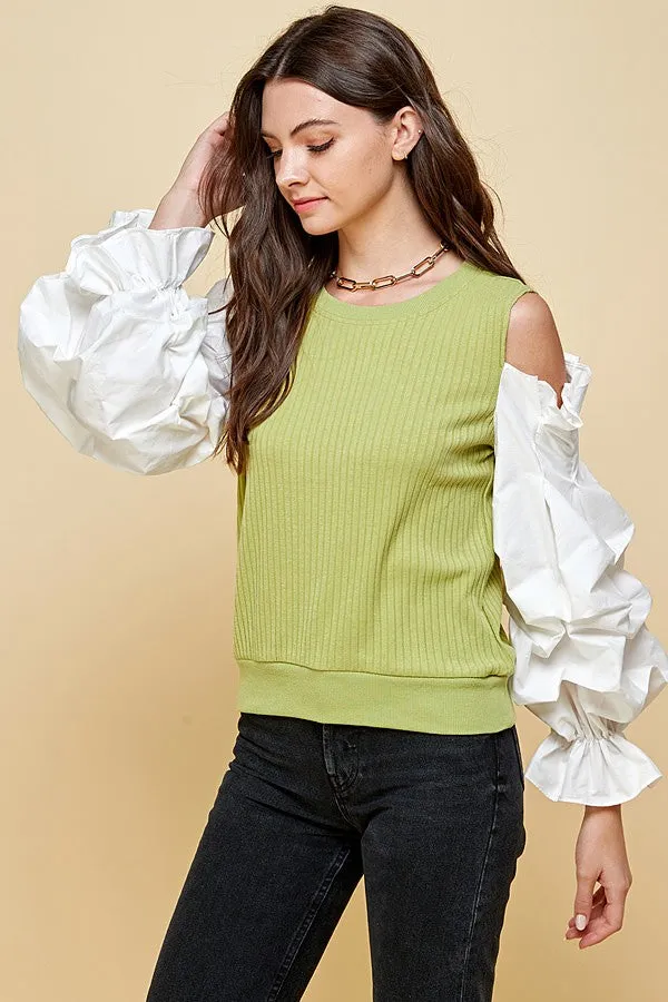 Ariana Green Knit Cold Shoulder Woven Puff Sleeve Top