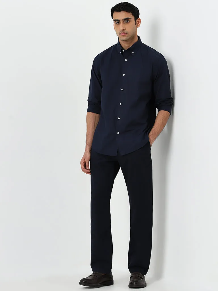 Ascot Navy Self-Striped Relaxed-Fit Linen Shirt