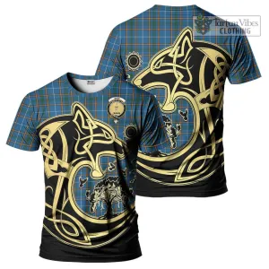 Bain Tartan T-Shirt with Family Crest Celtic Wolf Style