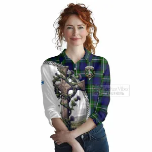 Bannerman Tartan Women's Casual Shirt with Family Crest and St. Andrew's Cross Accented by Thistle Vines