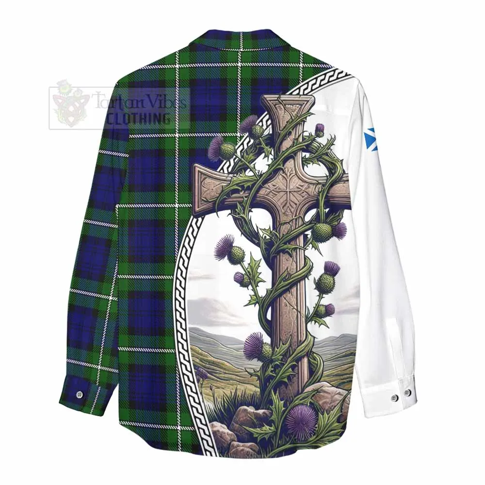 Bannerman Tartan Women's Casual Shirt with Family Crest and St. Andrew's Cross Accented by Thistle Vines