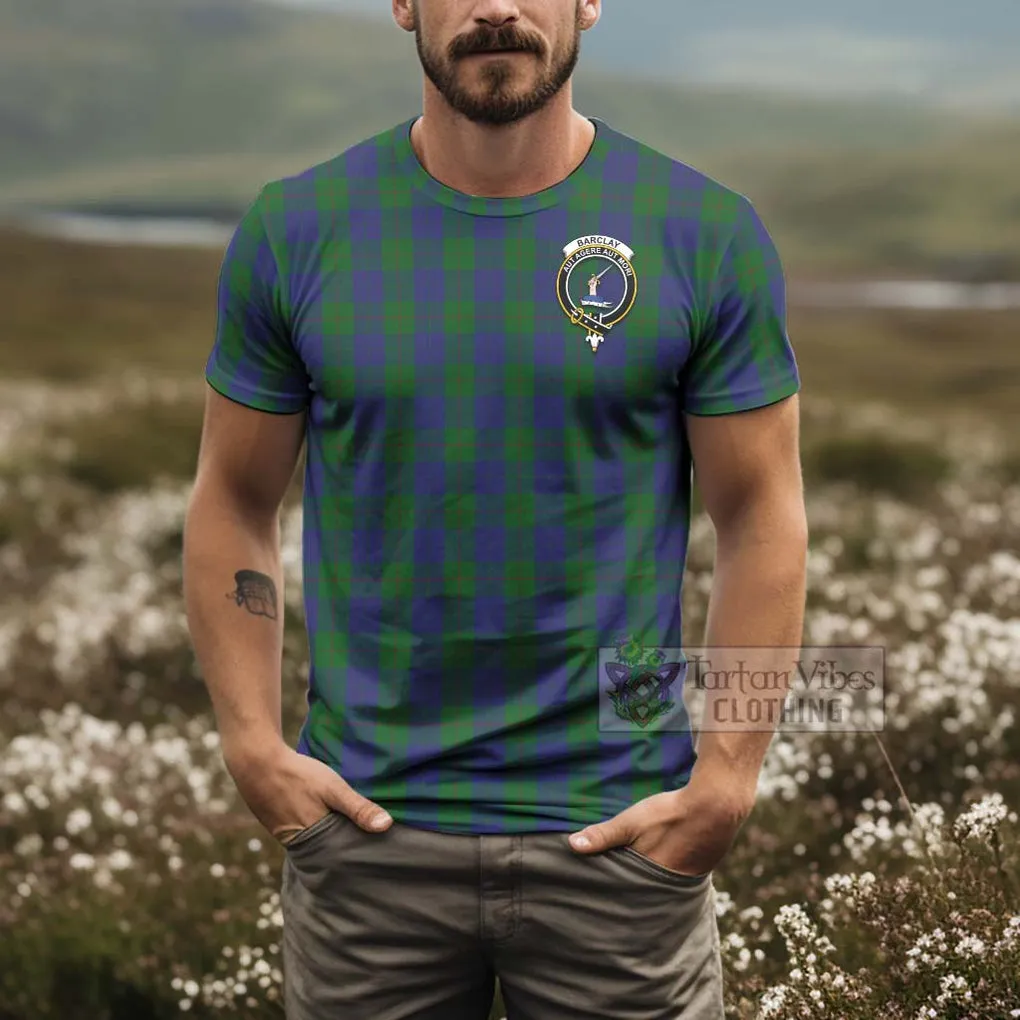 Barclay Tartan T-Shirt with Family Crest and Bearded Skull Holding Bottles of Whiskey