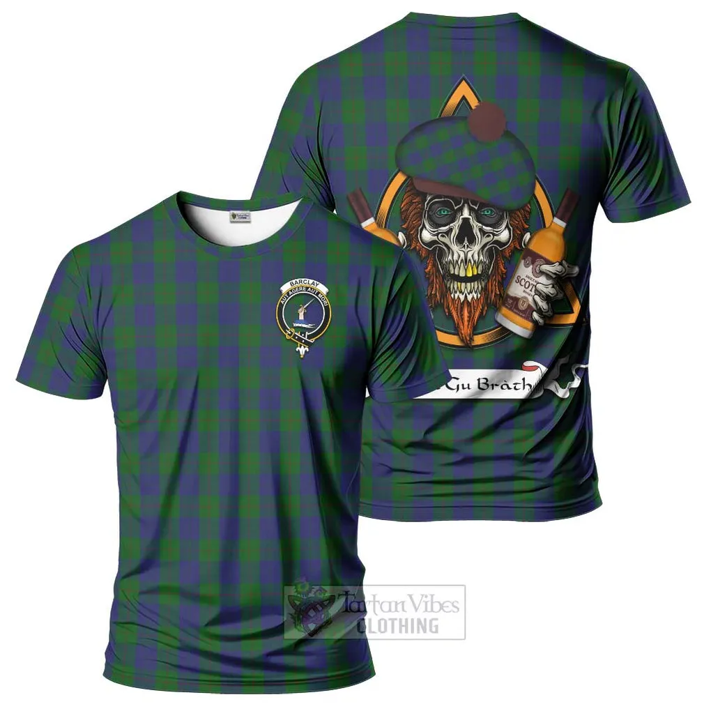 Barclay Tartan T-Shirt with Family Crest and Bearded Skull Holding Bottles of Whiskey