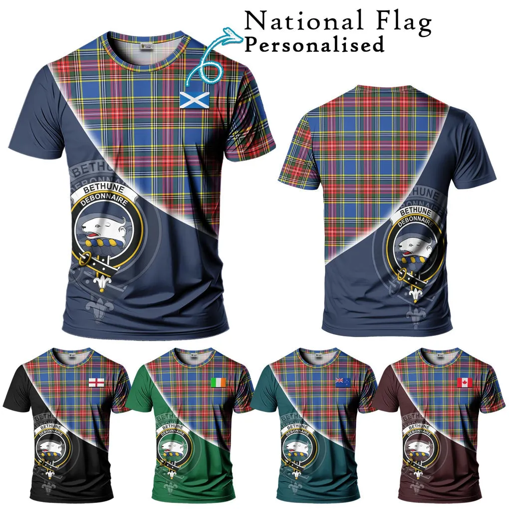 Bethune Tartan T-Shirt with Personalised National Flag and Family Crest Half Style