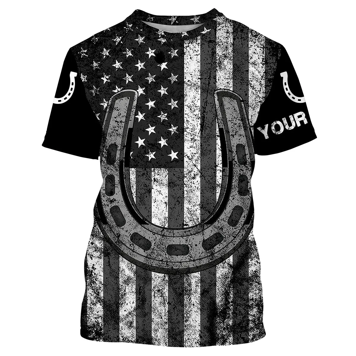 Black And White American Flag Tattoos Of Horseshoes Customize Name 3D Long Sleeve Horse Shirt, Gift For Horse Lovers