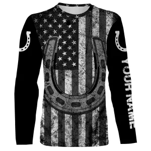 Black And White American Flag Tattoos Of Horseshoes Customize Name 3D Long Sleeve Horse Shirt, Gift For Horse Lovers