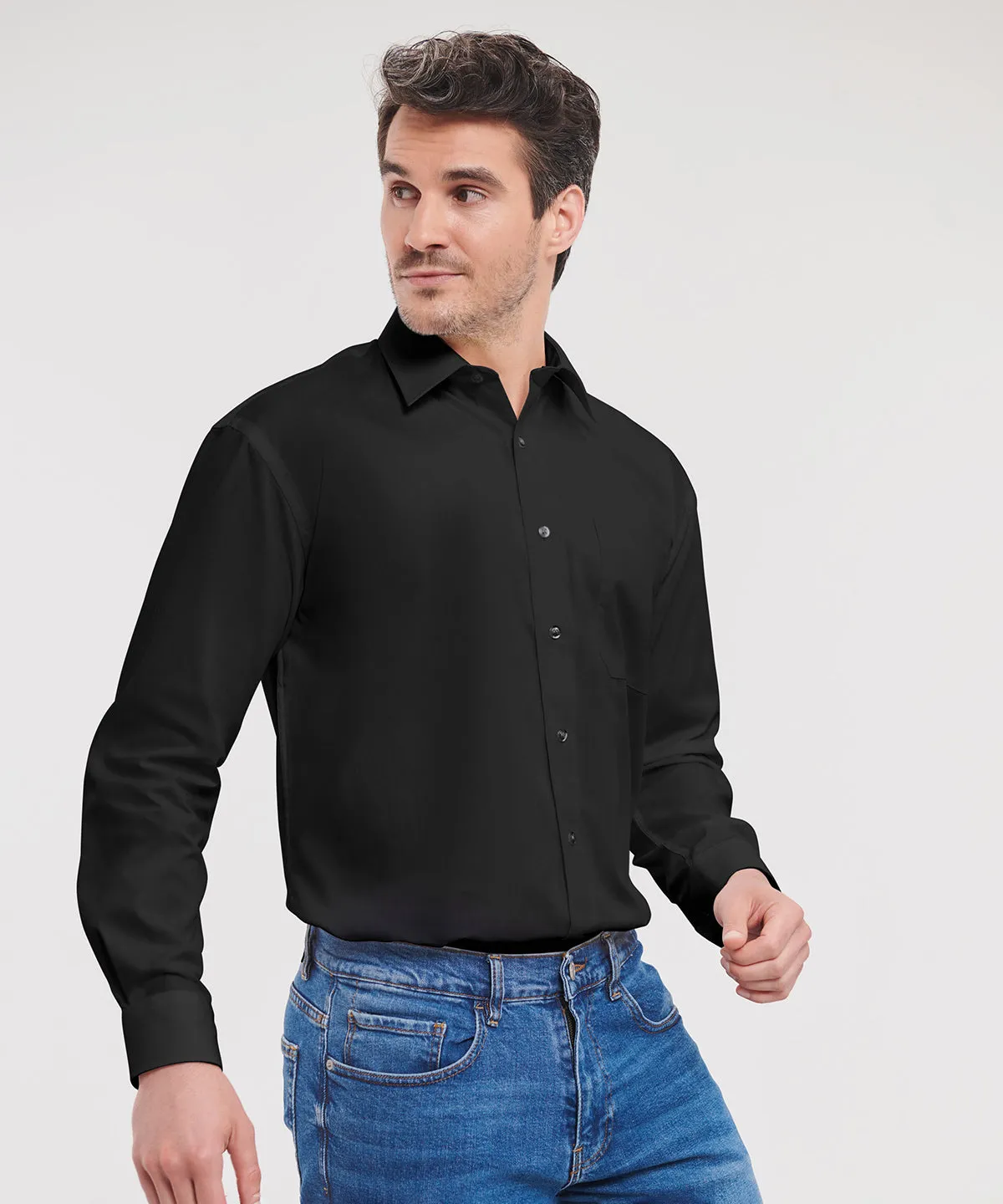 Black - Long sleeve pure cotton easycare poplin shirt