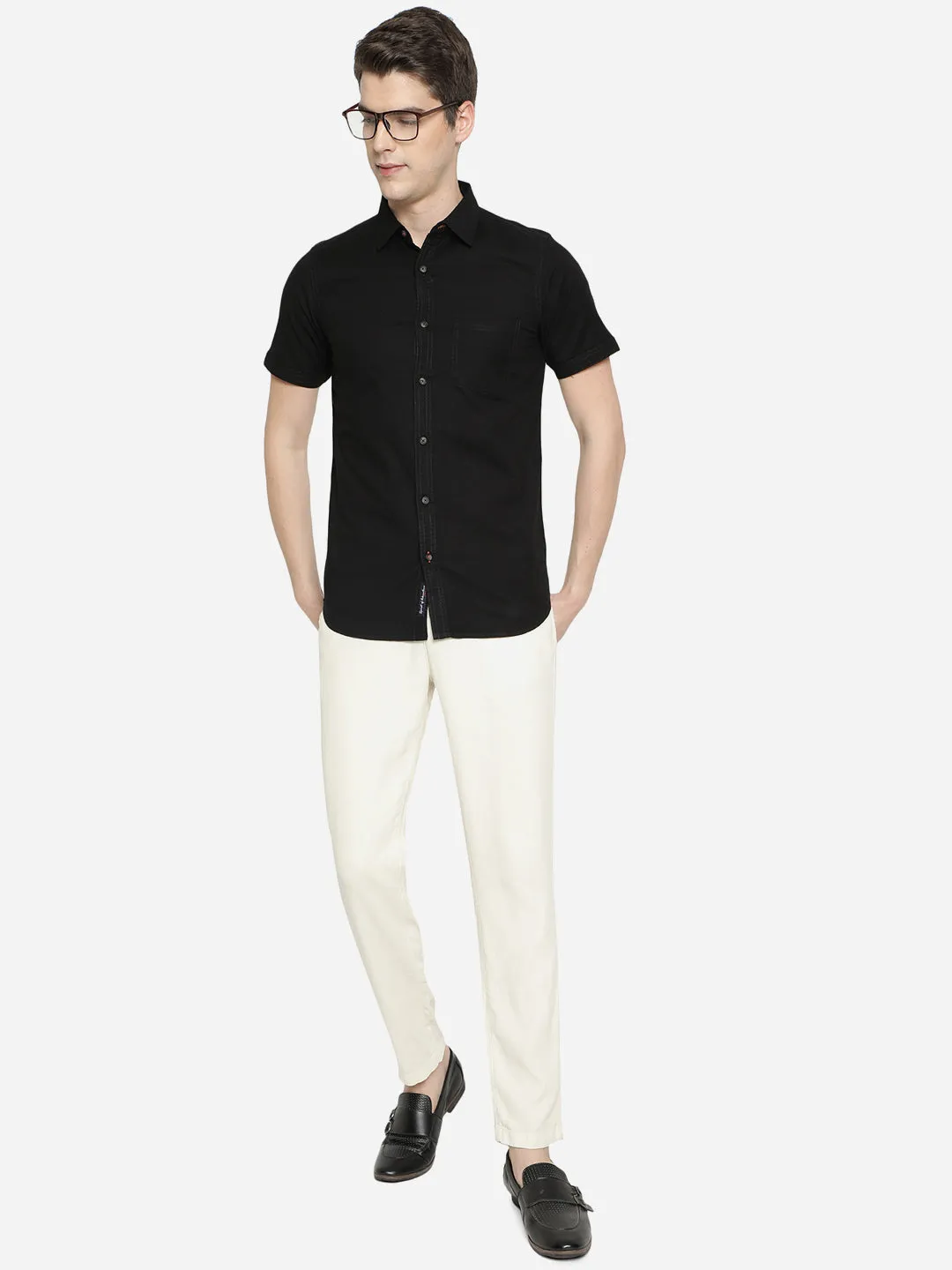 Black Solid Slim Fit Semi Casual Shirt | JadeBlue