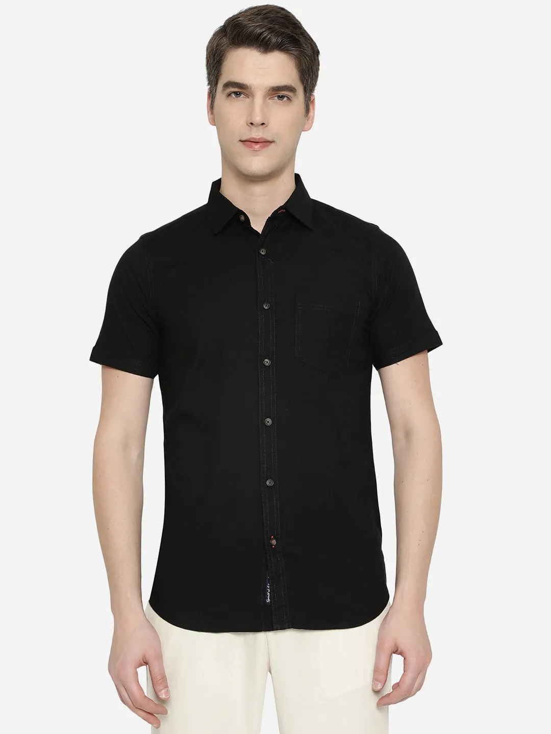 Black Solid Slim Fit Semi Casual Shirt | JadeBlue