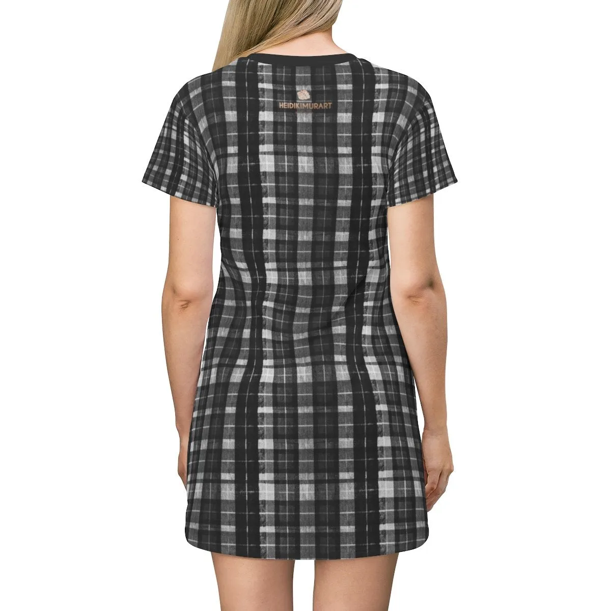 Black Tartan Print T-Shirt Dress, Gray Plaid Print Crew Neck Women's Dress- Made in USA