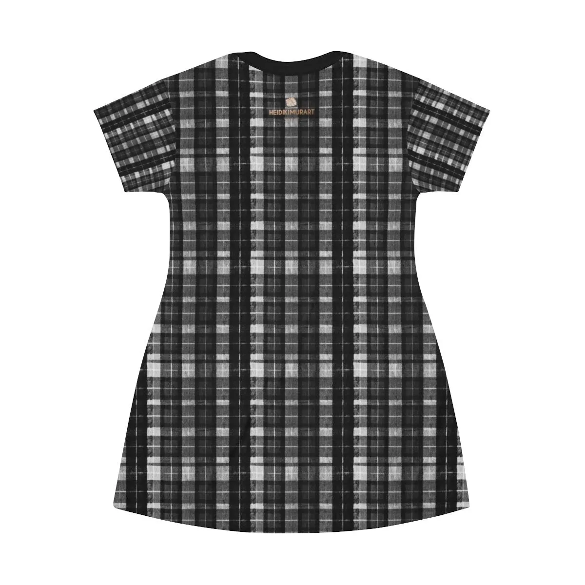 Black Tartan Print T-Shirt Dress, Gray Plaid Print Crew Neck Women's Dress- Made in USA