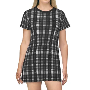 Black Tartan Print T-Shirt Dress, Gray Plaid Print Crew Neck Women's Dress- Made in USA