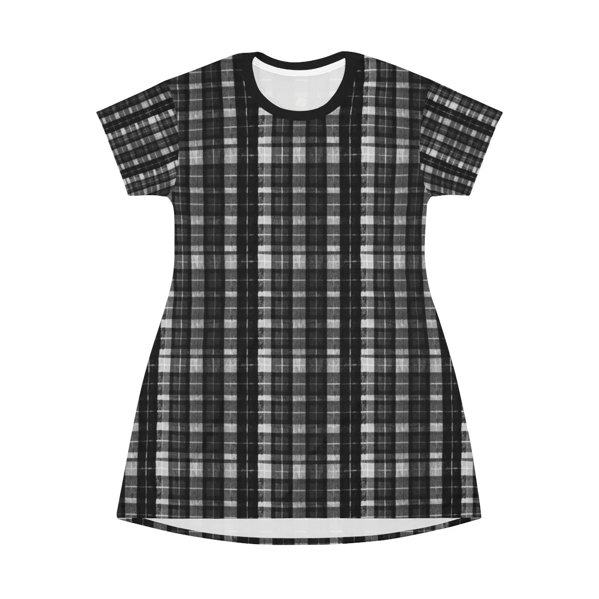 Black Tartan Print T-Shirt Dress, Gray Plaid Print Crew Neck Women's Dress- Made in USA