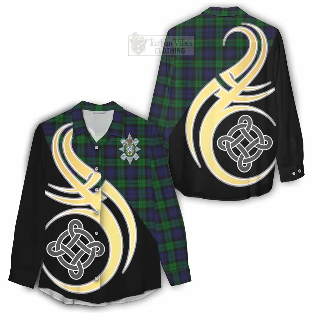 Black Watch Tartan Women's Casual Shirt with Family Crest and Celtic Symbol Style