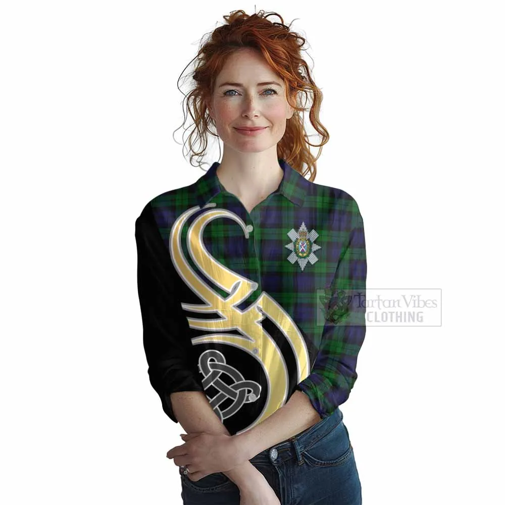 Black Watch Tartan Women's Casual Shirt with Family Crest and Celtic Symbol Style