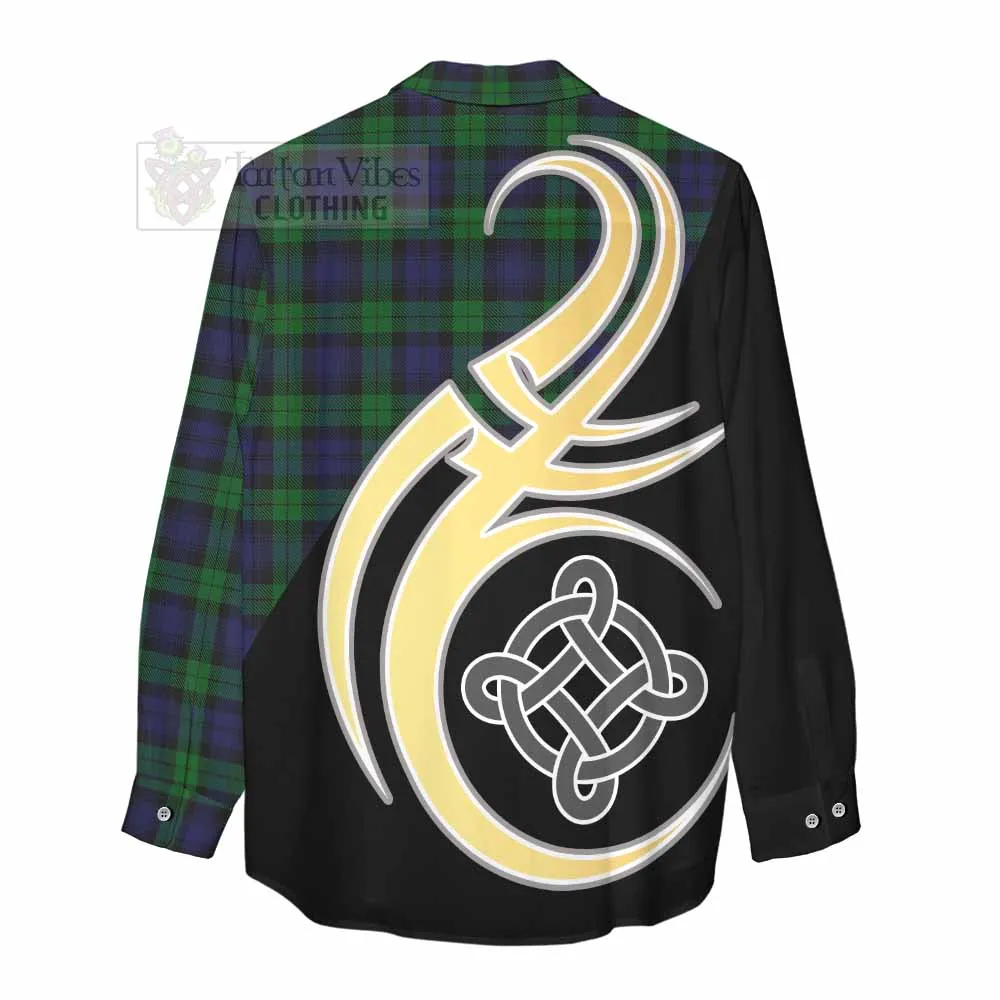 Black Watch Tartan Women's Casual Shirt with Family Crest and Celtic Symbol Style