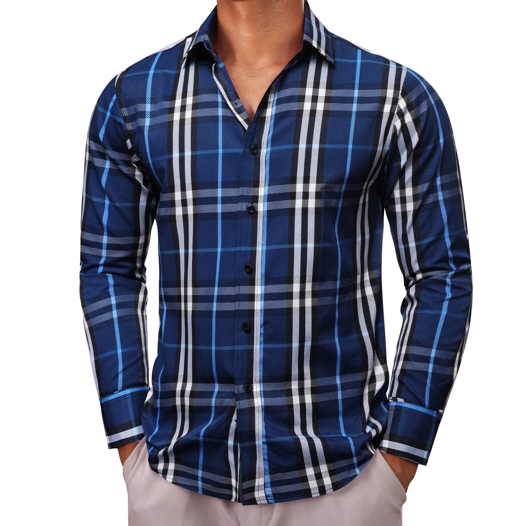 Blue Grey Plaid Men's Long Sleeve Work Shirt