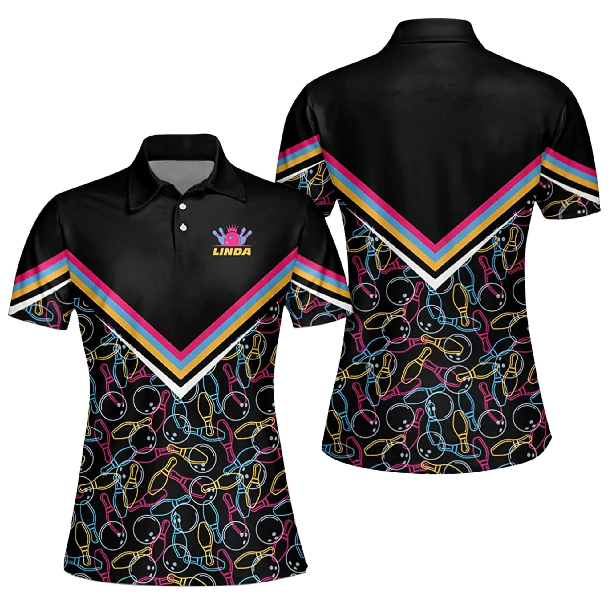 Bowling Icon Cool Black Polo Shirt, 3D All Printed Bowling Polo Shirt