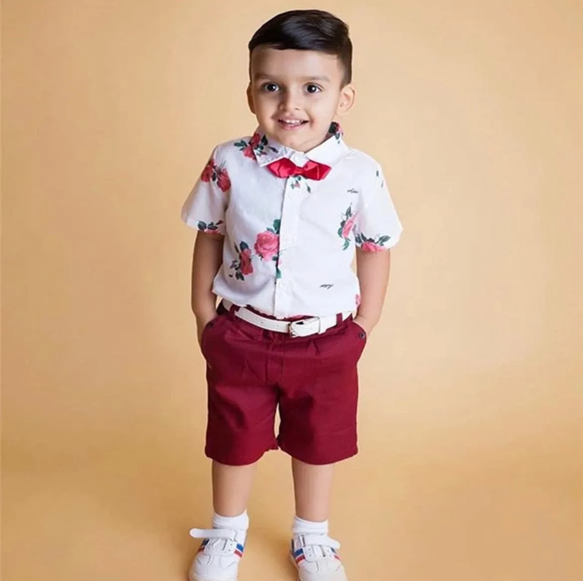 Boys Floral Rose Button Shirt & Red Shorts Set