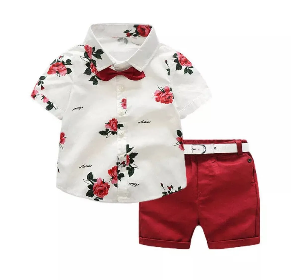 Boys Floral Rose Button Shirt & Red Shorts Set