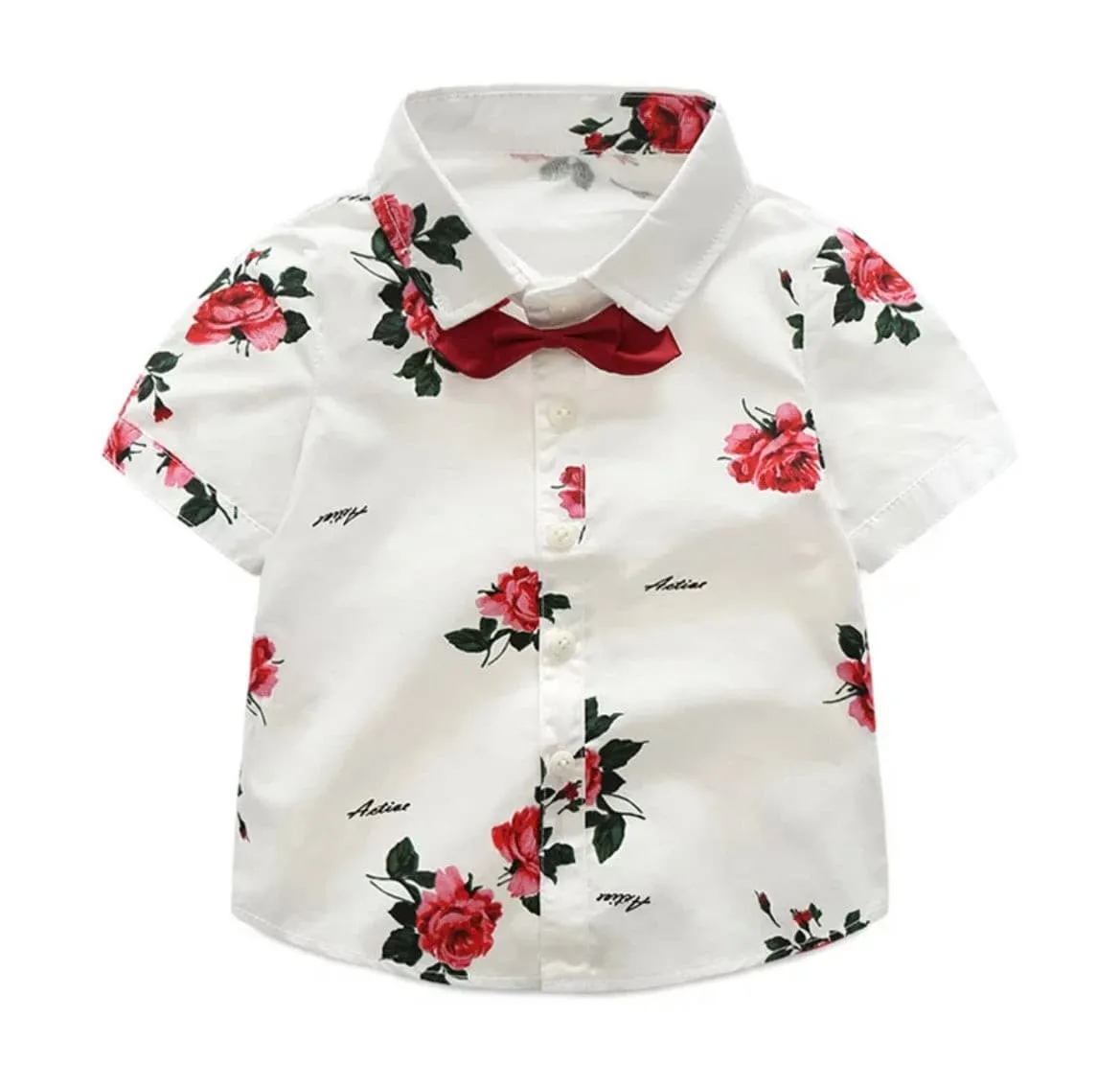 Boys Floral Rose Button Shirt & Red Shorts Set