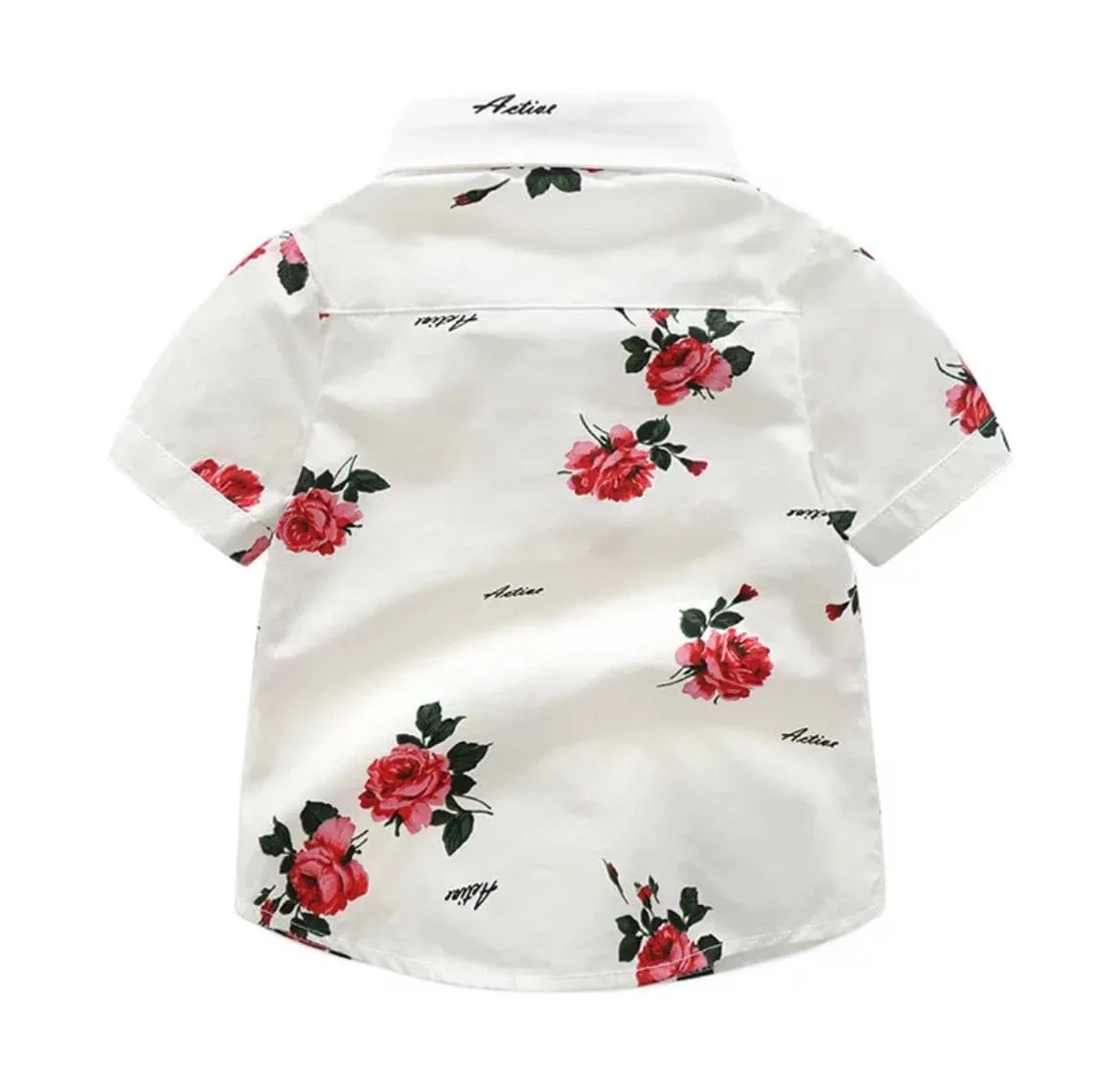 Boys Floral Rose Button Shirt & Red Shorts Set