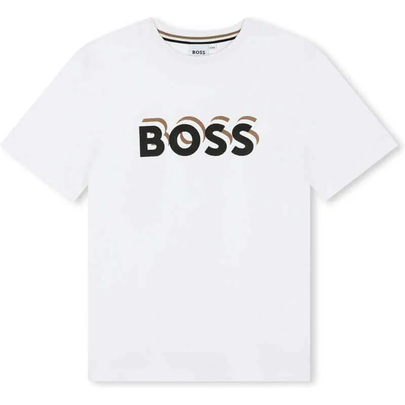 Boys White Logo Cotton Short Sleeve T-Shirt