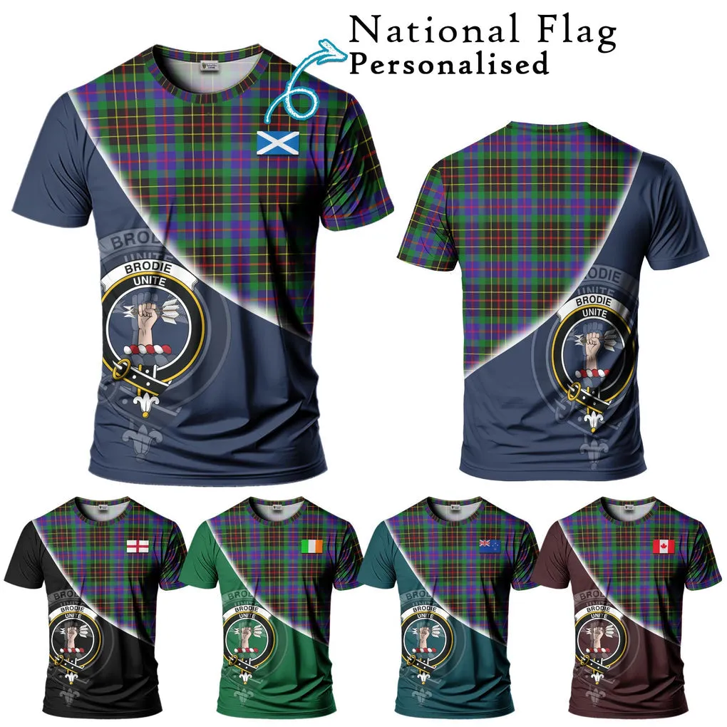 Brodie Hunting Modern Tartan T-Shirt with Personalised National Flag and Family Crest Half Style