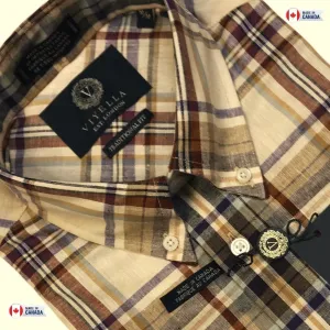 Brown Plaid Men's Premium Cotton & Linen Short Sleeve Shirt