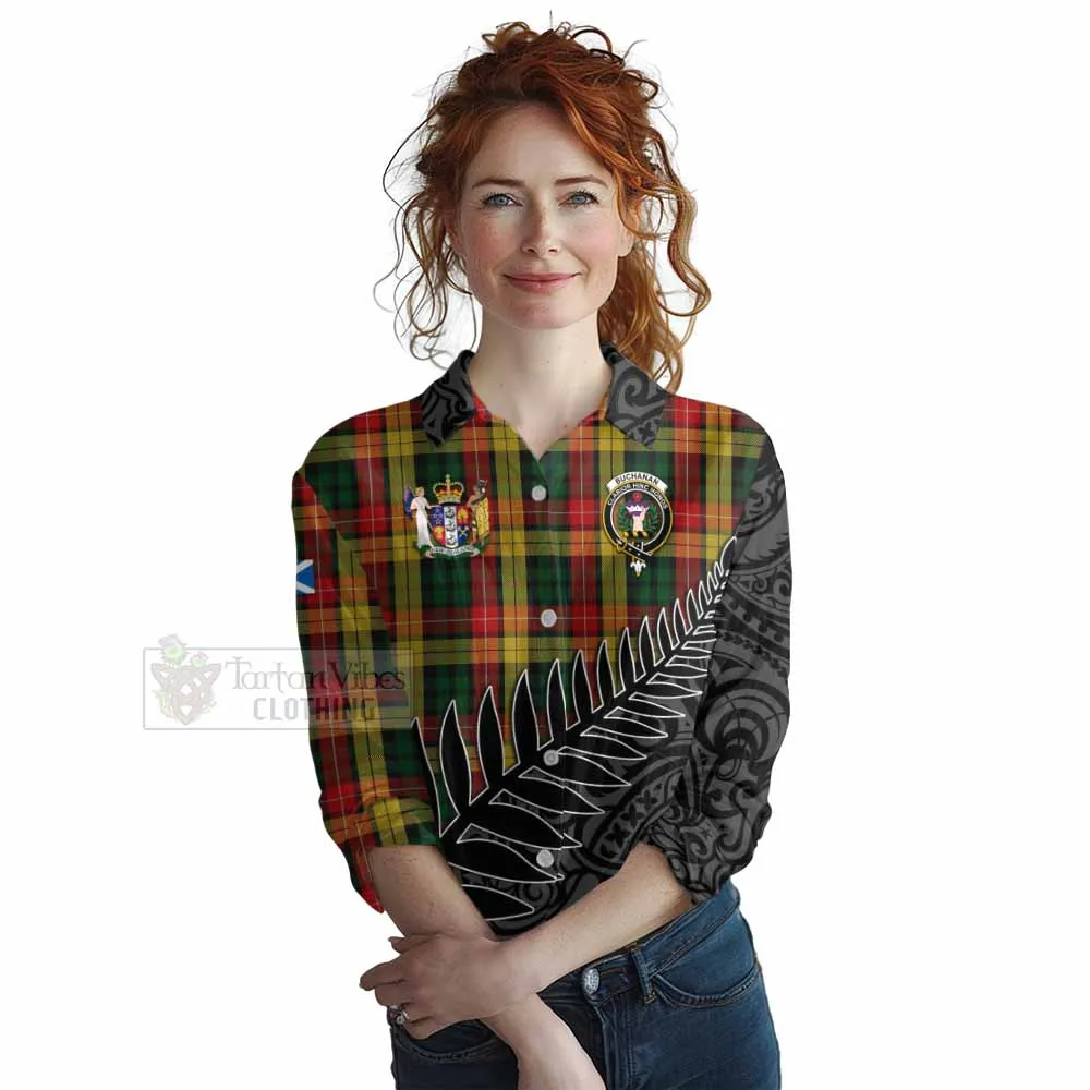 Buchanan Crest Tartan Women's Casual Shirt with New Zealand Silver Fern Half Style