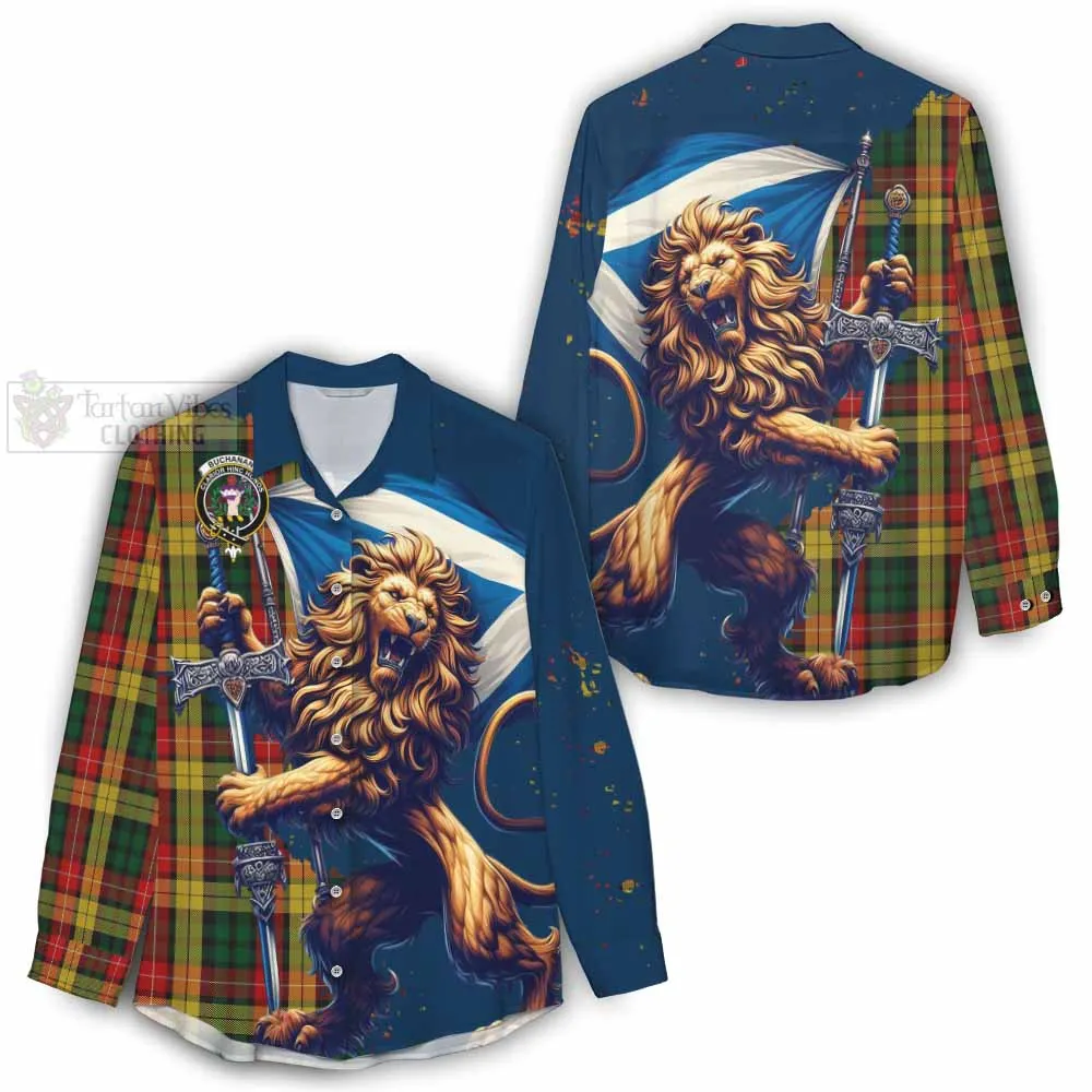 Buchanan Tartan Family Crest Women's Casual Shirt with Scottish Majestic Lion