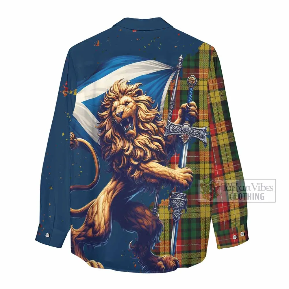 Buchanan Tartan Family Crest Women's Casual Shirt with Scottish Majestic Lion