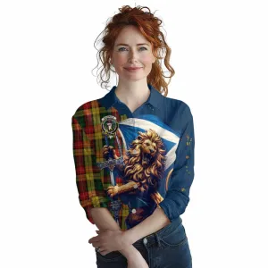 Buchanan Tartan Family Crest Women's Casual Shirt with Scottish Majestic Lion