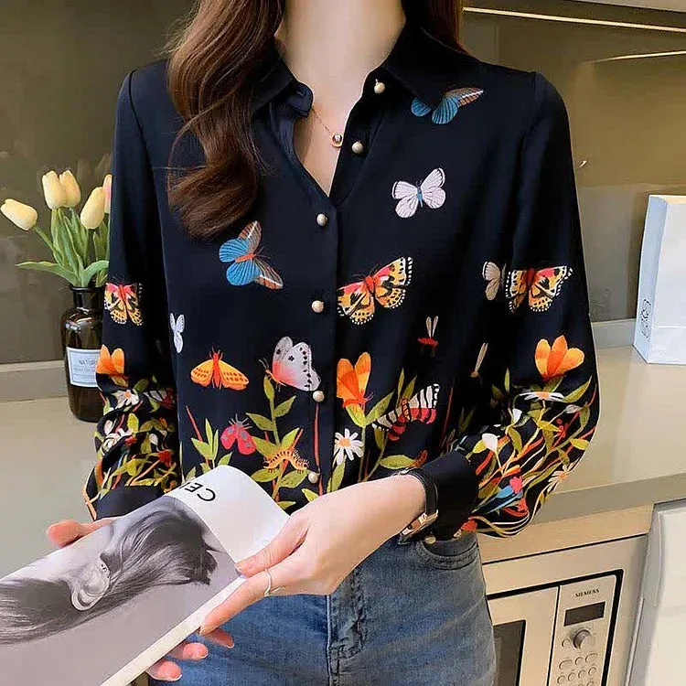 Butterfly Floral Print Lapel Long Sleeve Collar Shirt Workwear