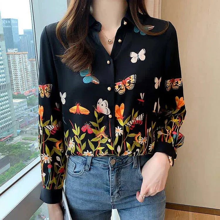 Butterfly Floral Print Lapel Long Sleeve Collar Shirt Workwear