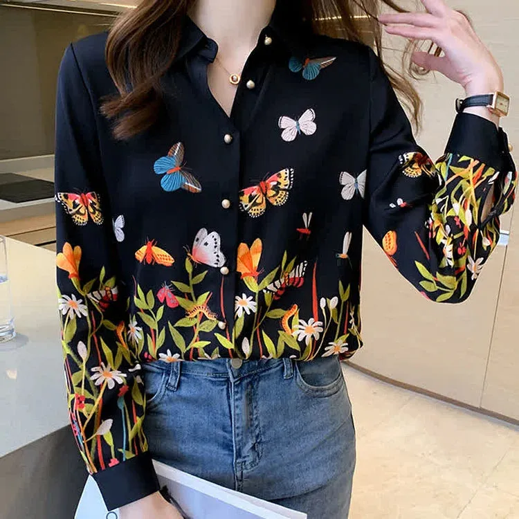 Butterfly Floral Print Lapel Long Sleeve Collar Shirt Workwear