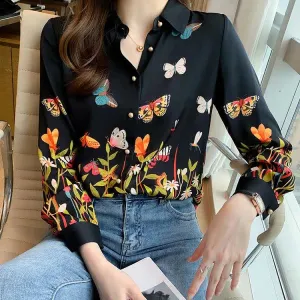 Butterfly Floral Print Lapel Long Sleeve Collar Shirt Workwear