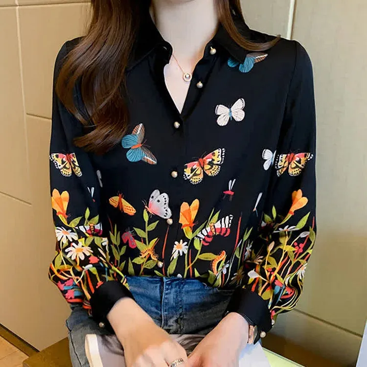 Butterfly Floral Print Lapel Long Sleeve Collar Shirt Workwear