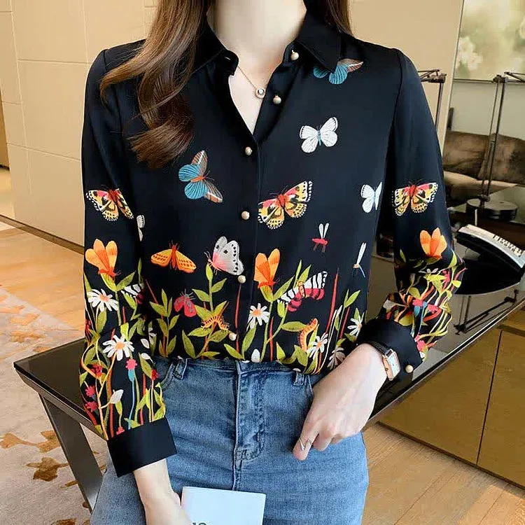 Butterfly Floral Print Lapel Long Sleeve Collar Shirt Workwear