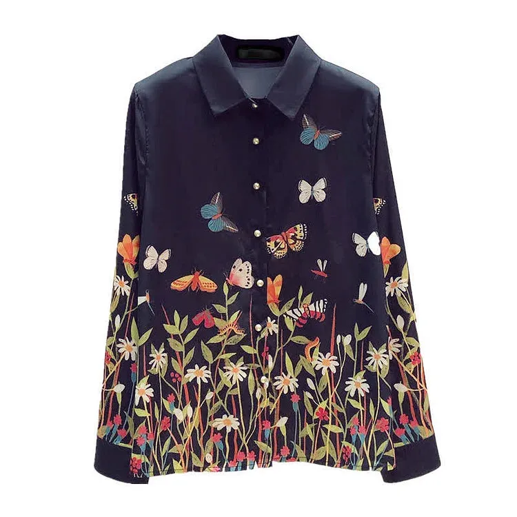 Butterfly Floral Print Lapel Long Sleeve Collar Shirt Workwear