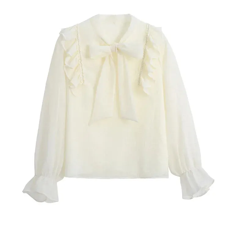 Chic Bowknot Lace Up Flouncing Chiffon Shirt Workwear